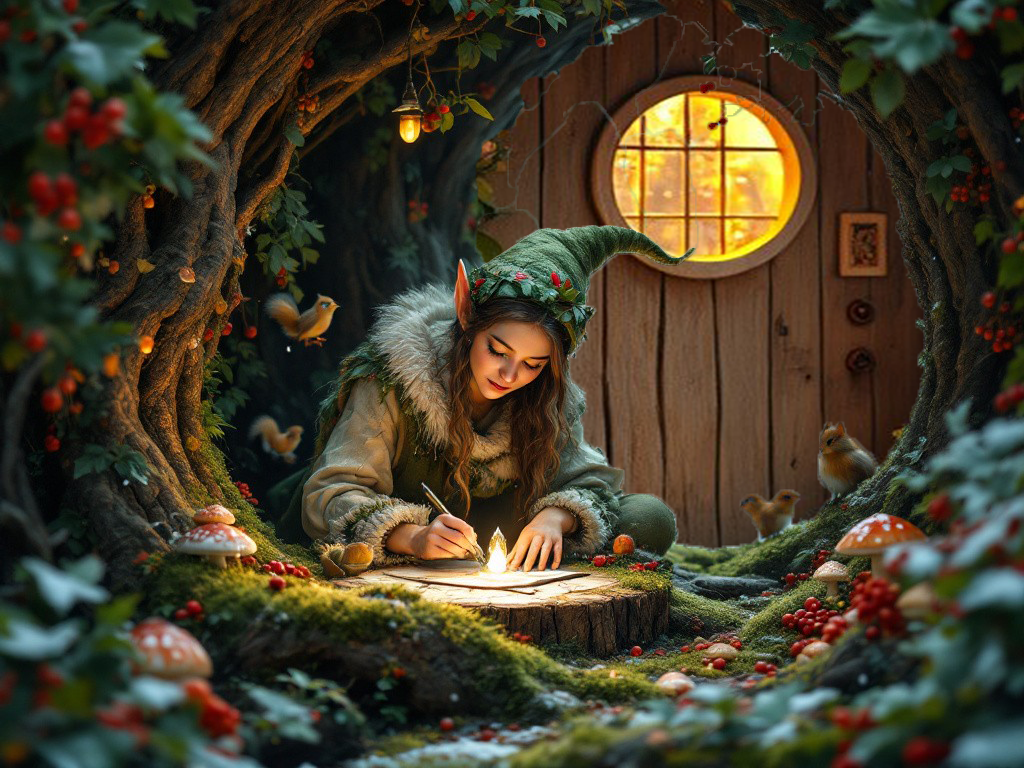 Bildquelle: Bild generiert von Anja Enderle 2024 mit Flux pro-1.1: Prompt: Woodland Christmas elf in ancient tree dwelling, sustainable living style. Working with natural materials: leaves as paper, berries as ink. Moss-covered workspace with crystal light sources. Surrounded by winter forest elements: holly, evergreen branches, snow-dusted mushrooms. Nature-inspired color palette: deep forest green, winter berry red, bark brown, snow white. Magical forest atmosphere with floating seeds and forest spirits. Cozy natural setting with visiting birds and squirrels. --ar 16:9 --style cute --stylize 1000 --chaos 10 --v 5.2